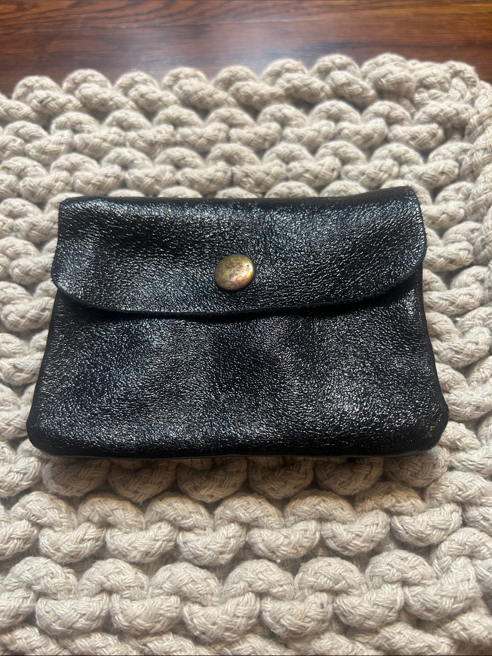 Leather Snap Wallet Card Coin Case - Shimmer Black Suede